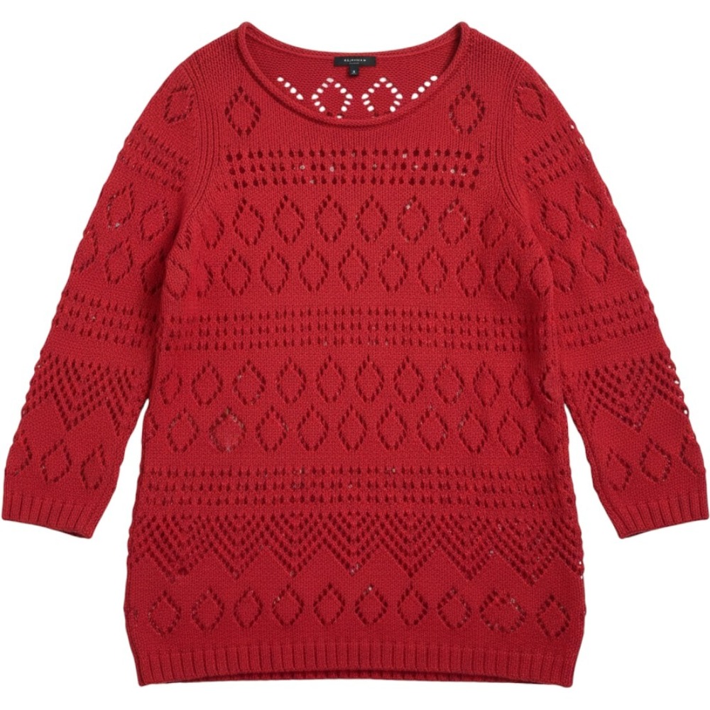 Talbots Plus 1X Red Pointelle Knit Cotton Blend 3/4 Sleeve Sweater Roll Neck